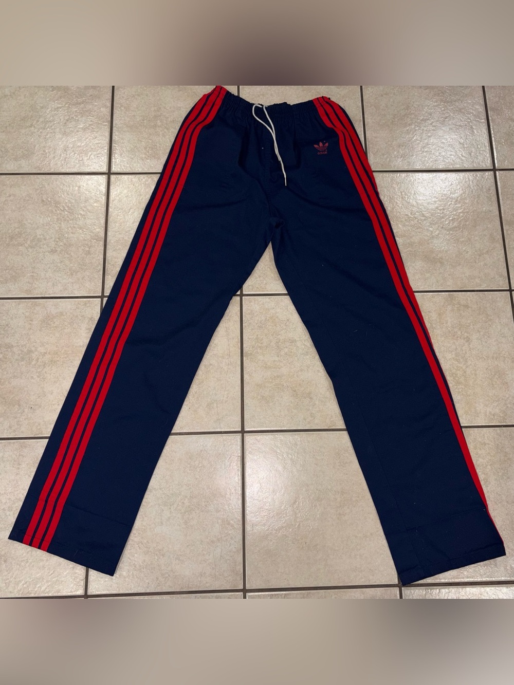 Vintage Adidas Navy Track Pants with Red Stripes medium